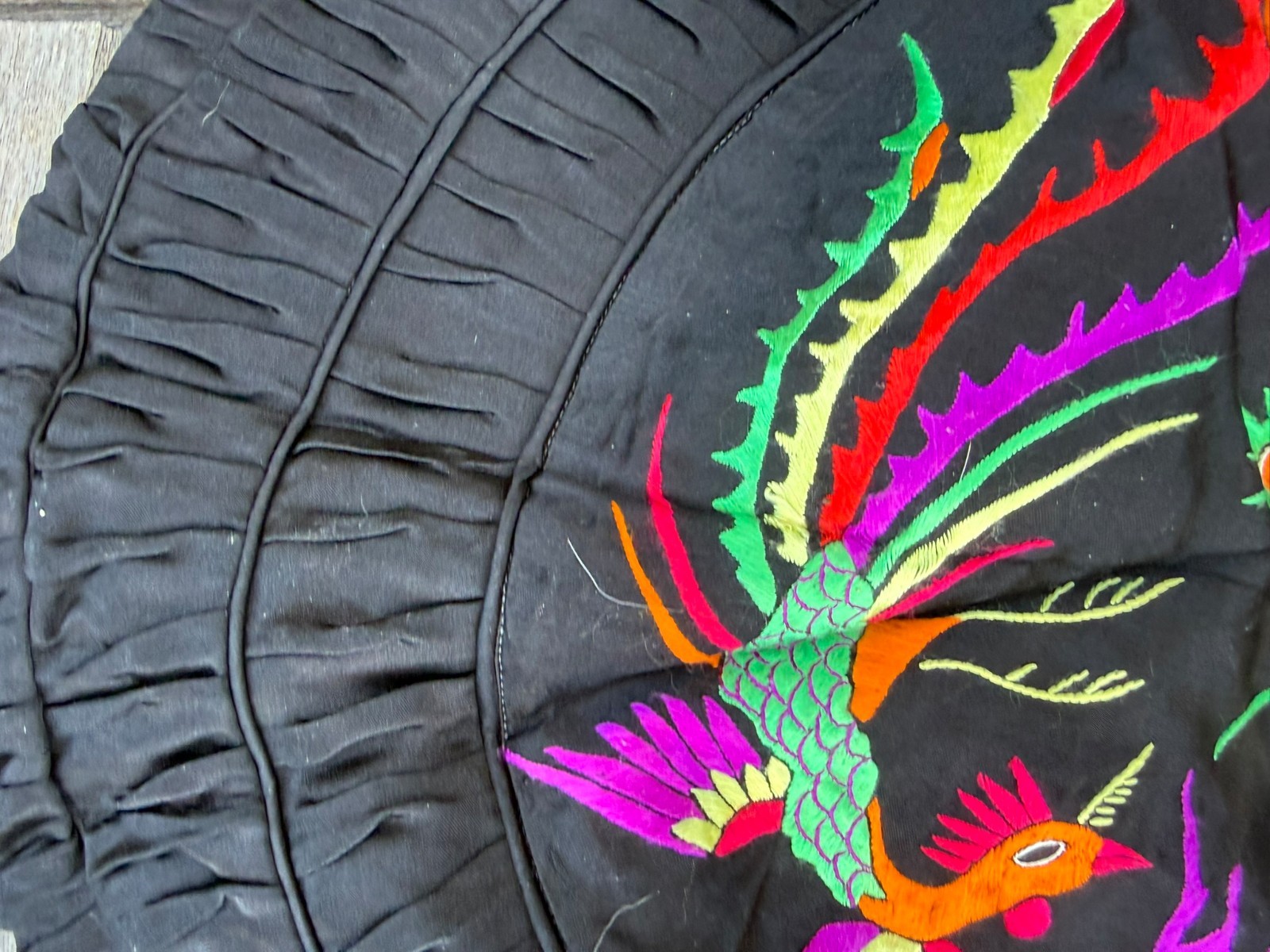 1980s Vintage Chinese Silk Pillow Black with Embroidered Phoenix and Dragon 21″