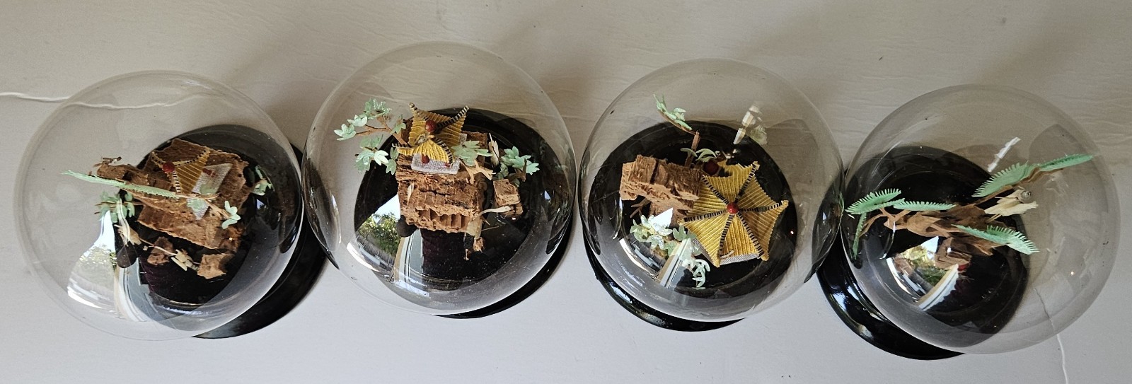 Chinese Cork Sculpture, Wooden Base and in Glass Dome, 4 pcs set, 3 x 2.5 inches