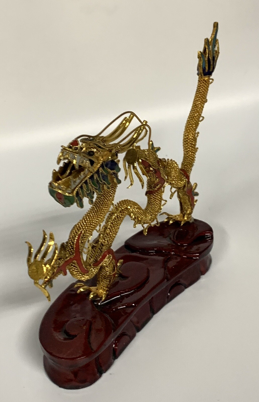 Chinese Brass Filigree Dragon Wooden Stand Gold Red Green Color 4.5”x 5”