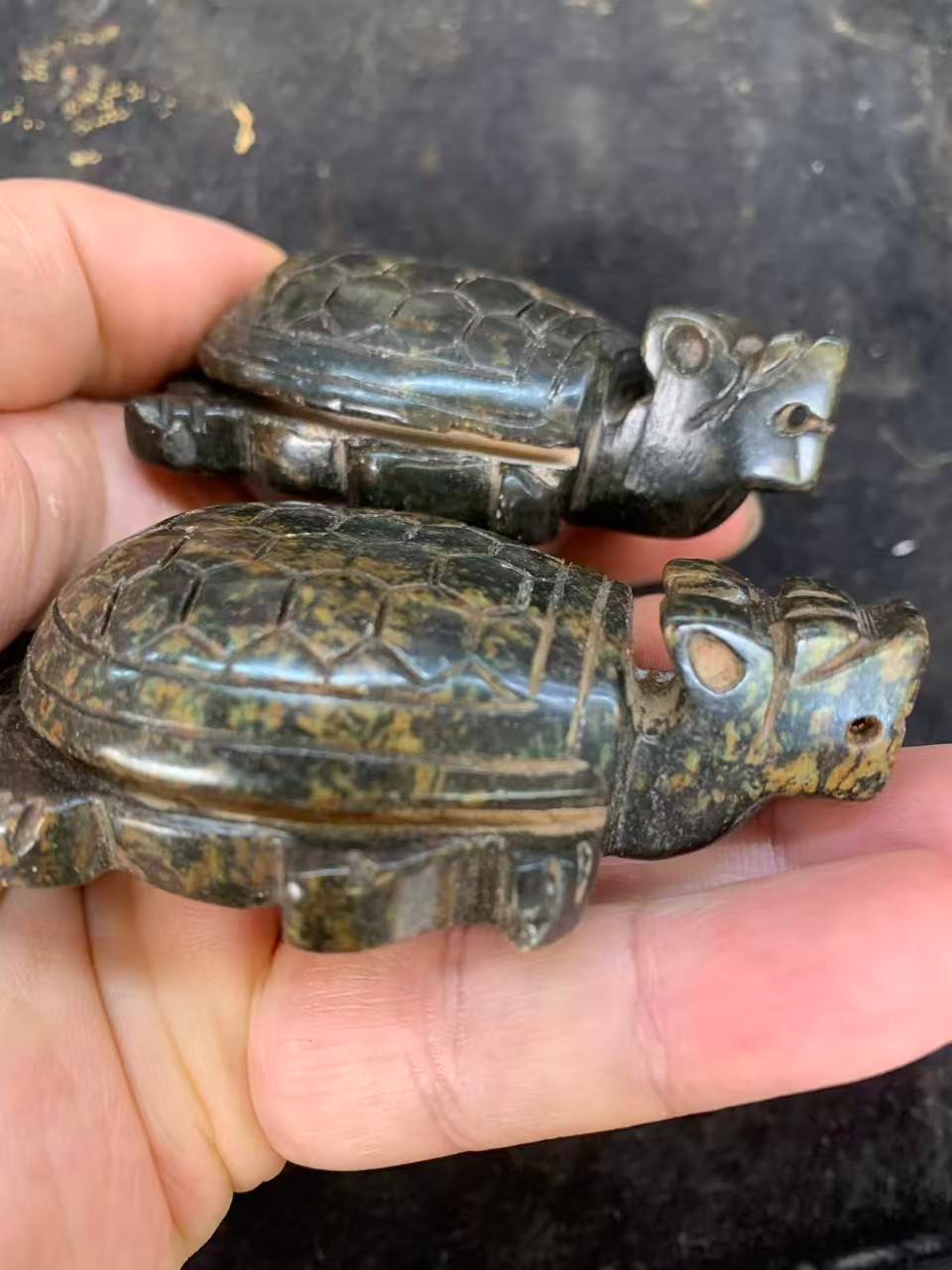 2Pcs Wonderful Chinese Old Jade Hand Carved *Legendary Dragon-Turtle* Statues