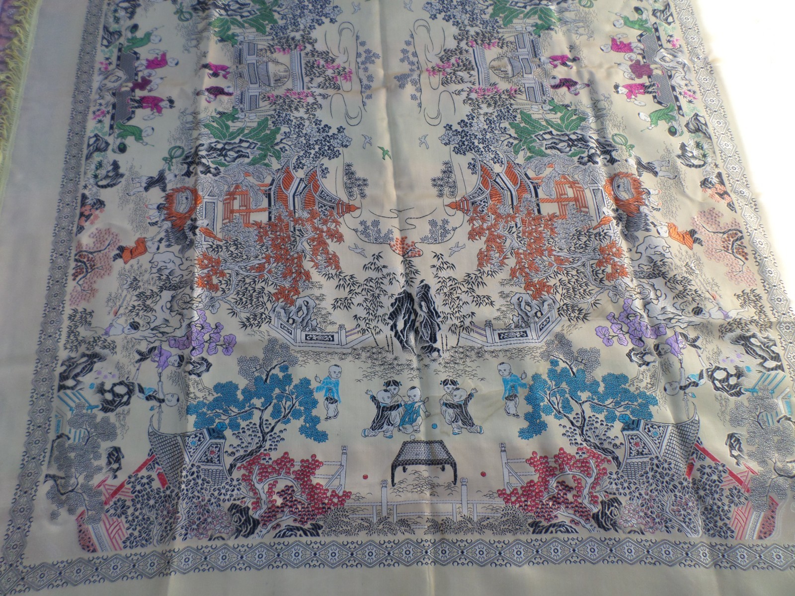VTG CHINESE SILK BROCADE TABLECLOTH PIANO SCARF ASIAN VILLAGE CELEBRATION 74X56