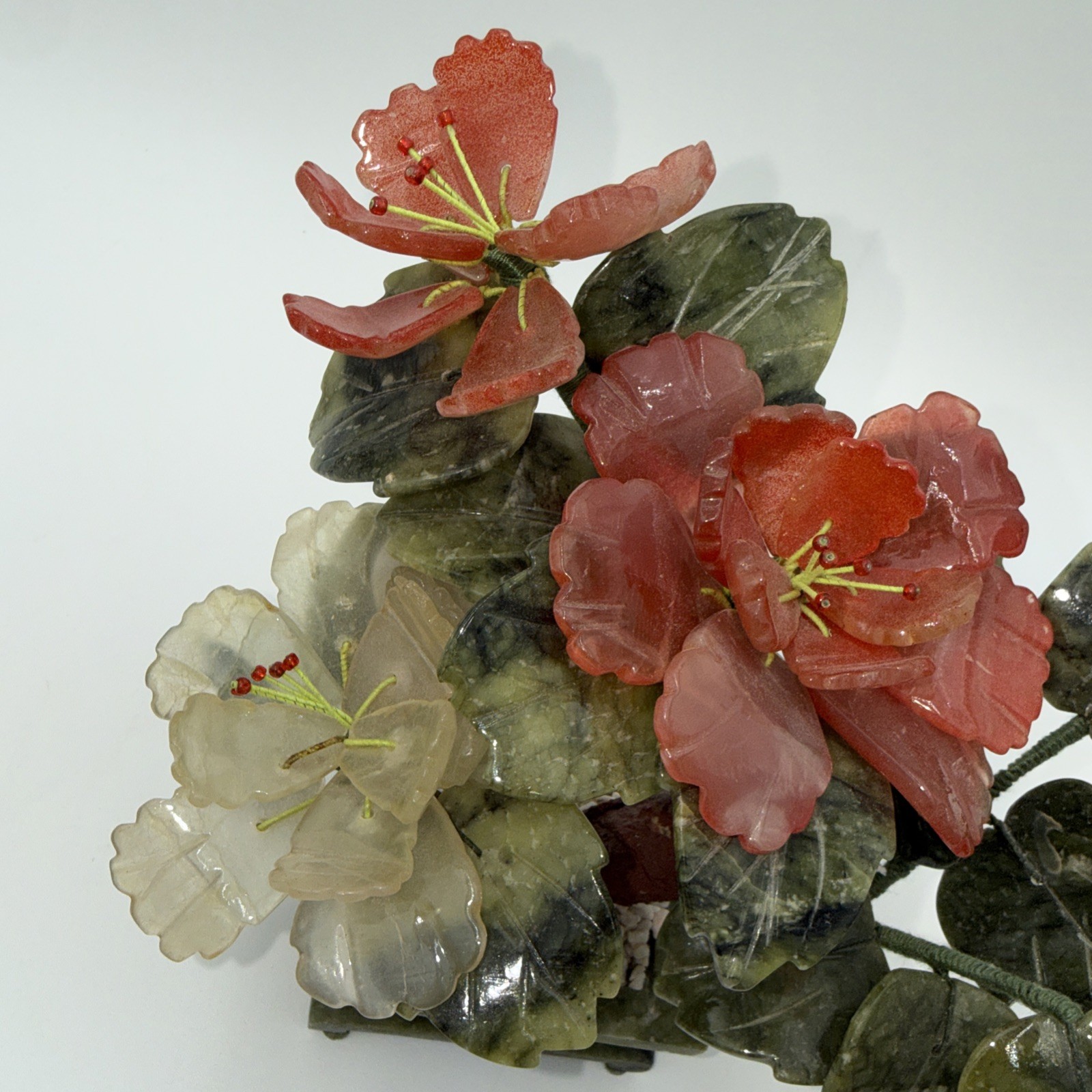 Vintage Chinese Jade Quartz Bonsai Tree Floral In Celadon Pot Carved Flower Tree