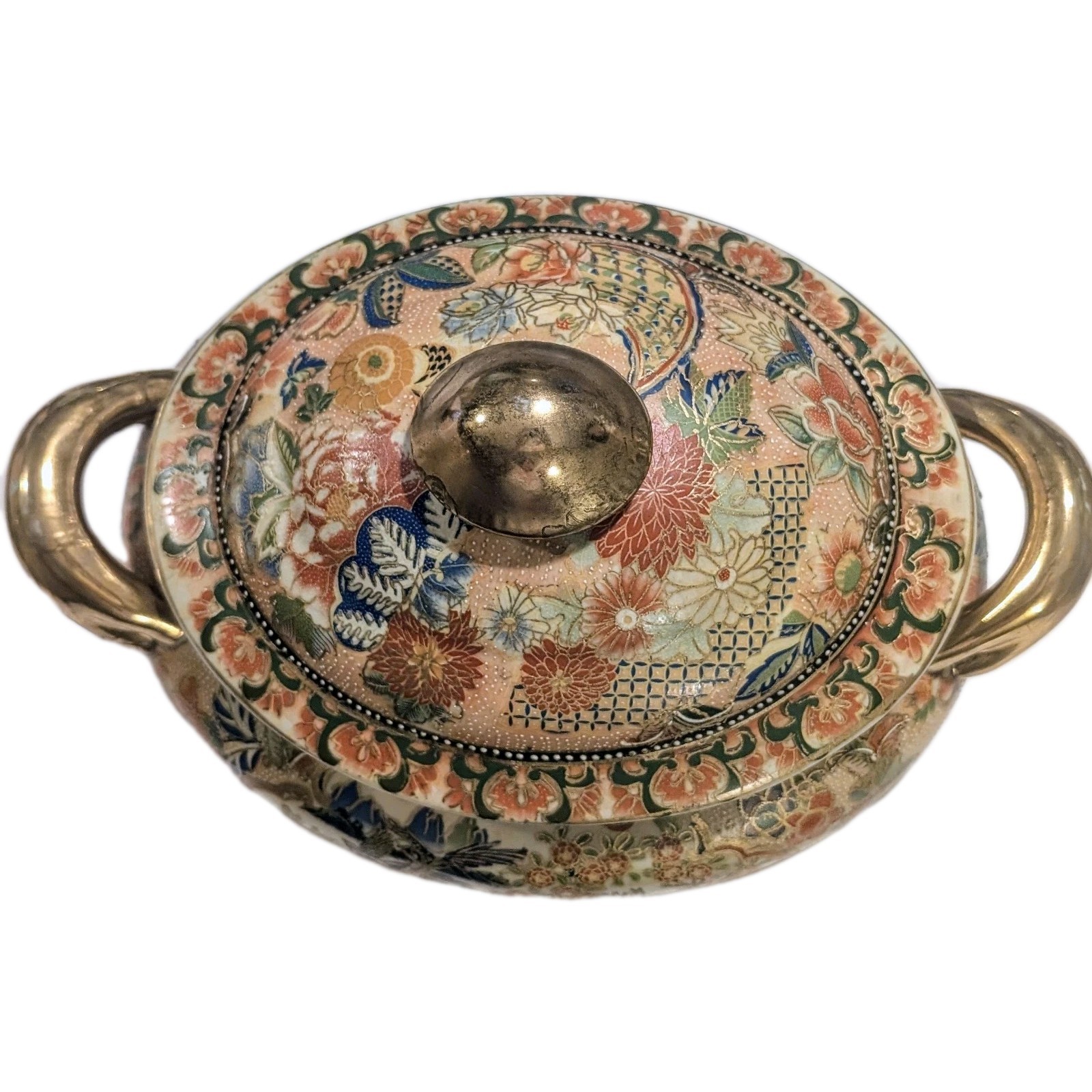 Large 14.5″ Gilded Vintage Chinese Tureen Birds Floral