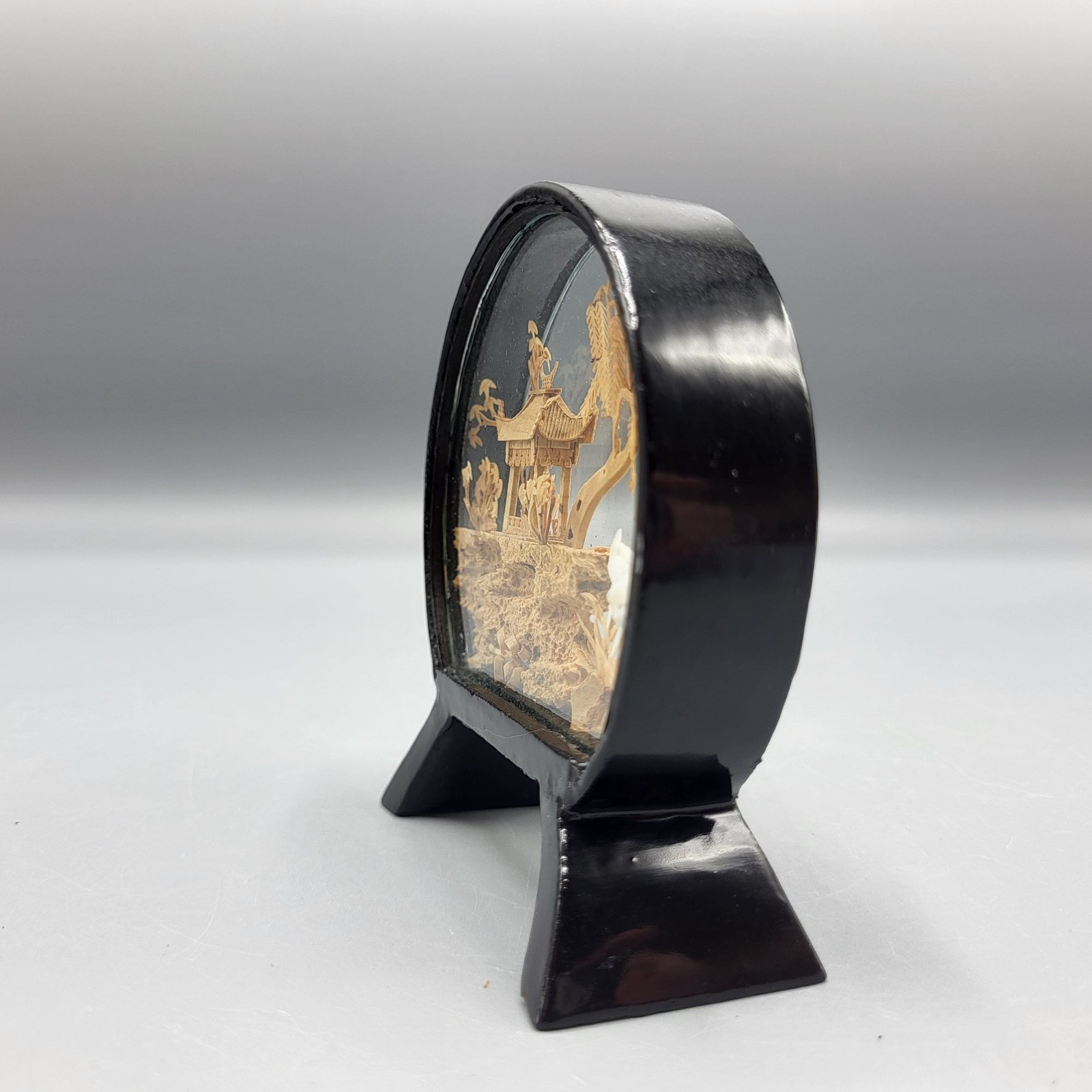Vintage Chinese Landscape Cork Diorama Glass Dome Black Stand SMALL 3.5″ x 3.25″
