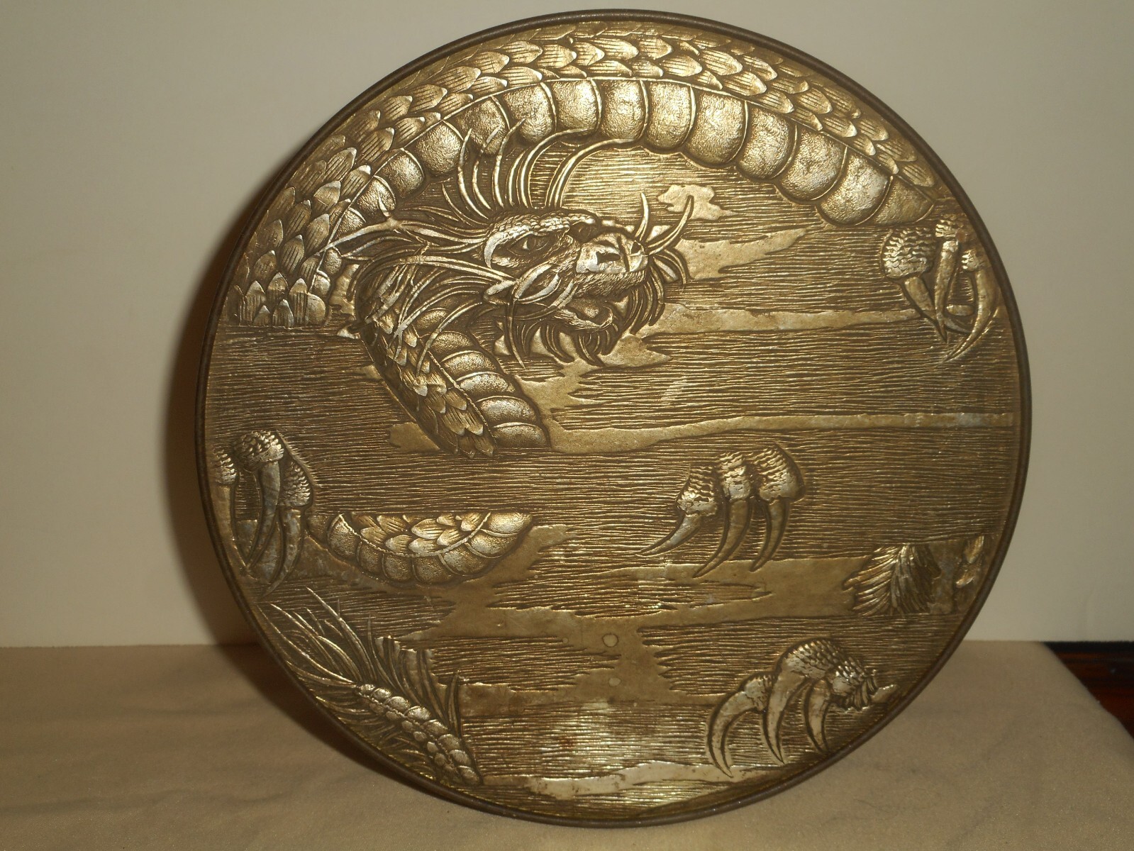 Vintage CHINESE DRAGON Silver Metal Repousse Tin Box Top Cinnabar Style Wrapper