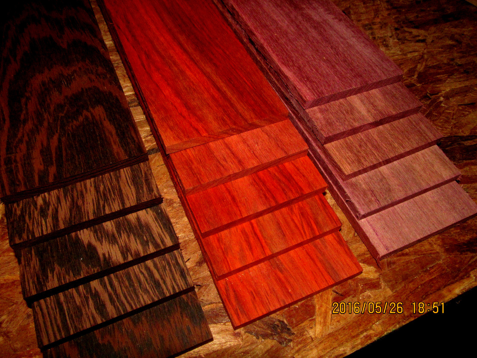 15 PIECE THIN EXOTIC BLOODWOOD, PURPLEHEART, WENGE WOOD LUMBER 12″ X 3″ X 1/8″