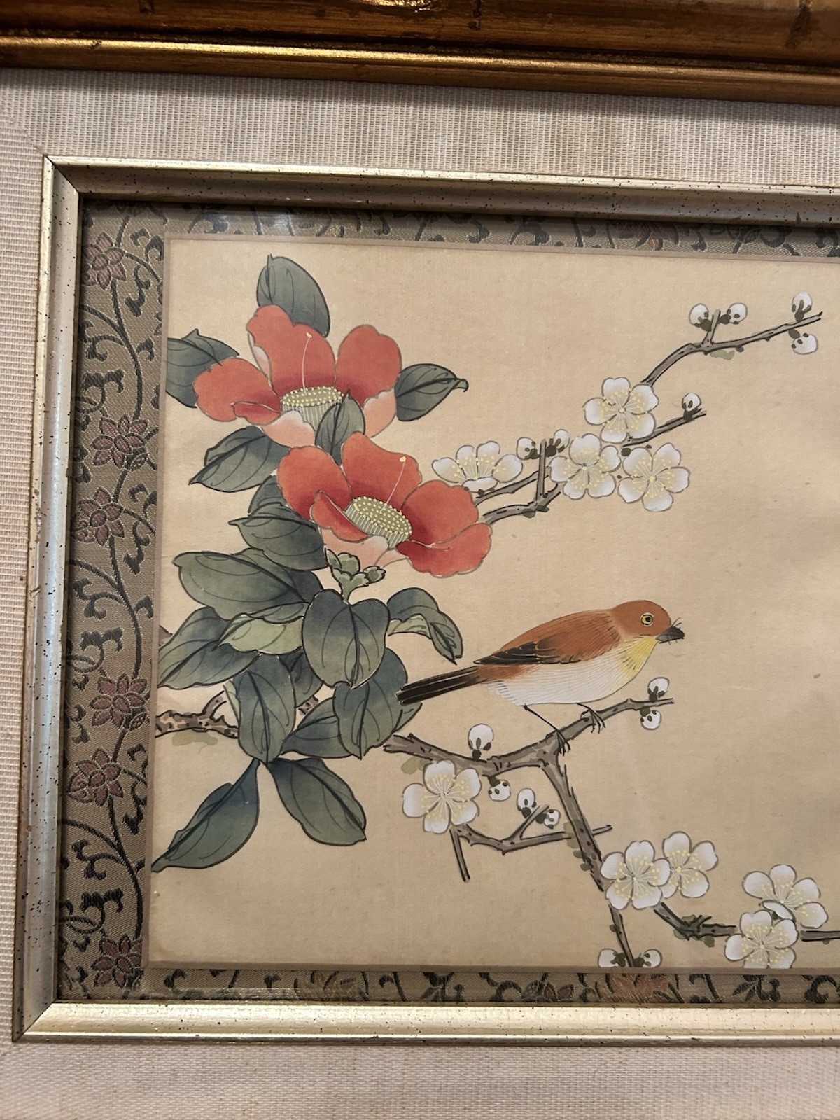 Vintage Chinese Silk Handpainted Bird Art In Gold Bamboo Frames 14×12” – 2