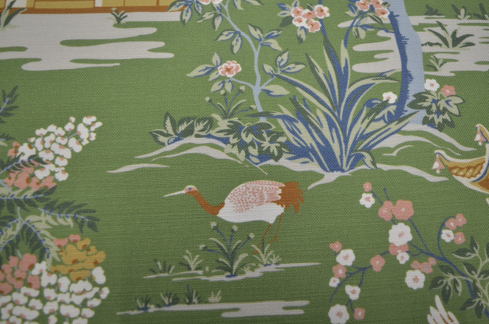 Harmony Grass Asian Pagoda with Blue Coral Floral Print on Green Regal Fabric