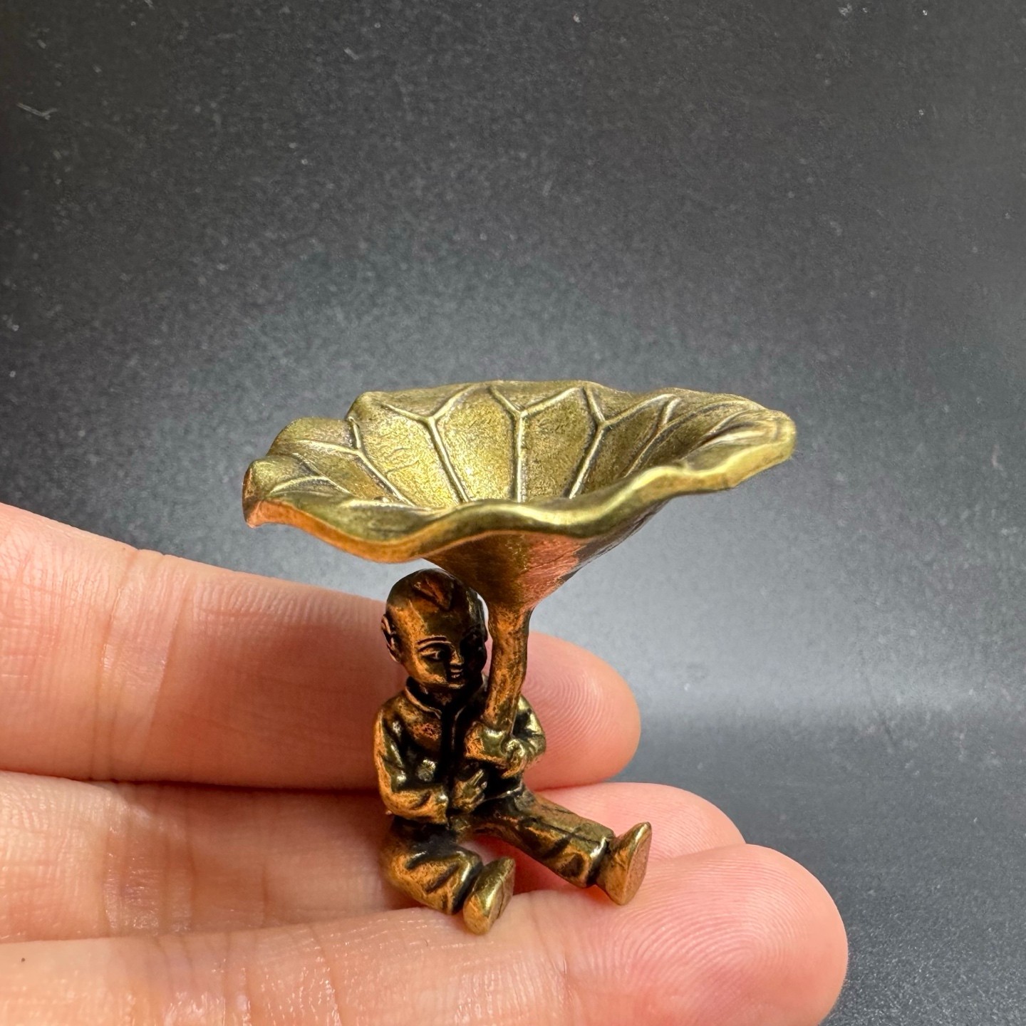 Vintage Brass Boy Holding Lotus Leaf Tray Incense Holder Tiny Jewelry Storage