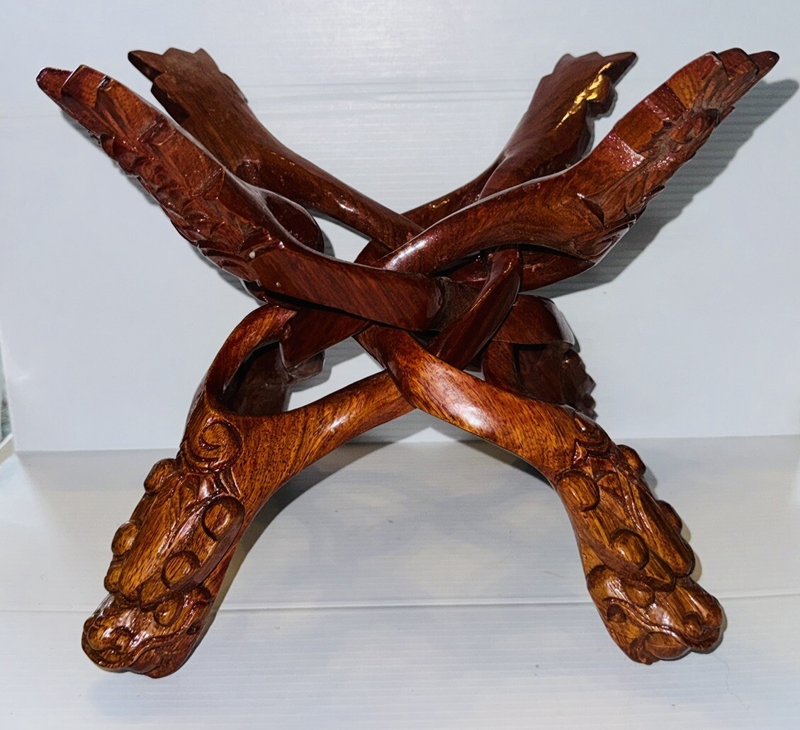 Carved Wooden Collapsing Dragon Bowl/ Planter Stand 9.5”tall, 12” Wide 15.5” L