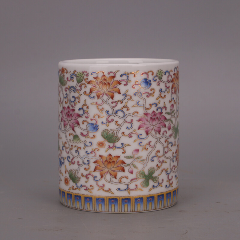 4.2″ China Colour Enamels Porcelain White Glaze Lotus Flower Branch Brush Pot
