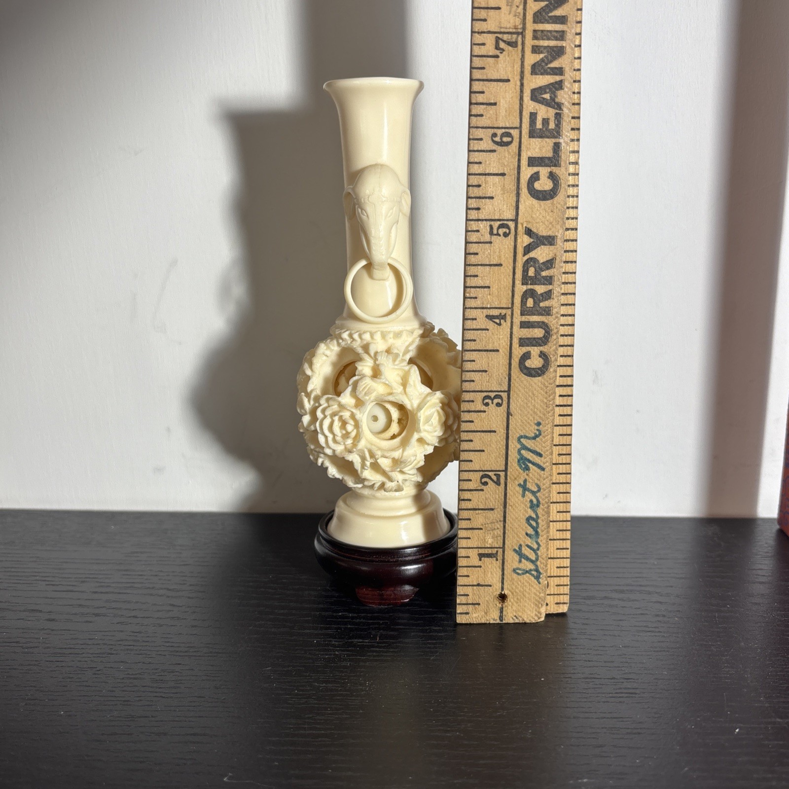 Vintage Chinese Puzzle Ball w/Elephants on Stand Faux Ivory in Plastic Front Box