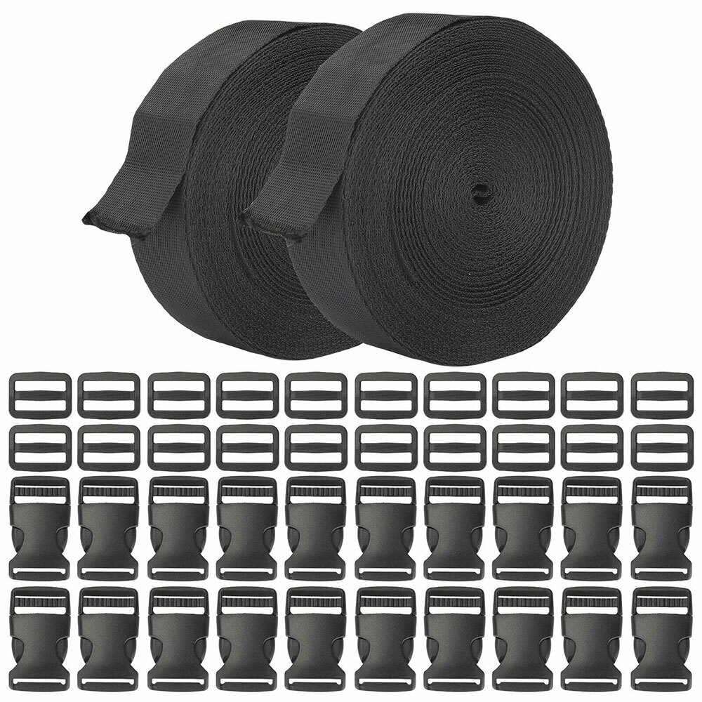 1 Inch/2.5cm 11 Yards Nylon Webbing Strap w/10 Set Plastic Buckles Side Release