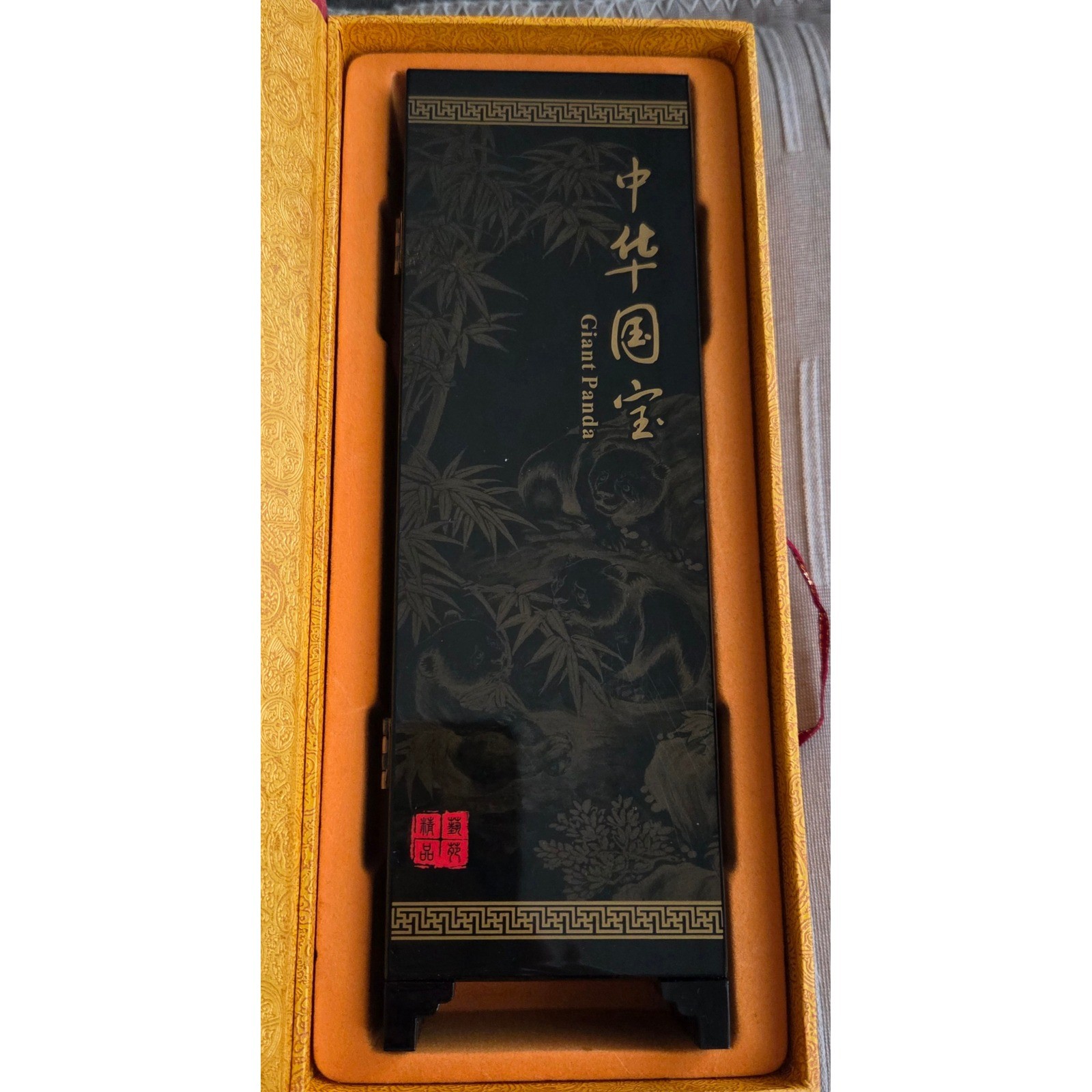 Vintage Chinese Lacquer 6 Panel Folding Mini Screen Panda Black Gold 9.5in x18.5