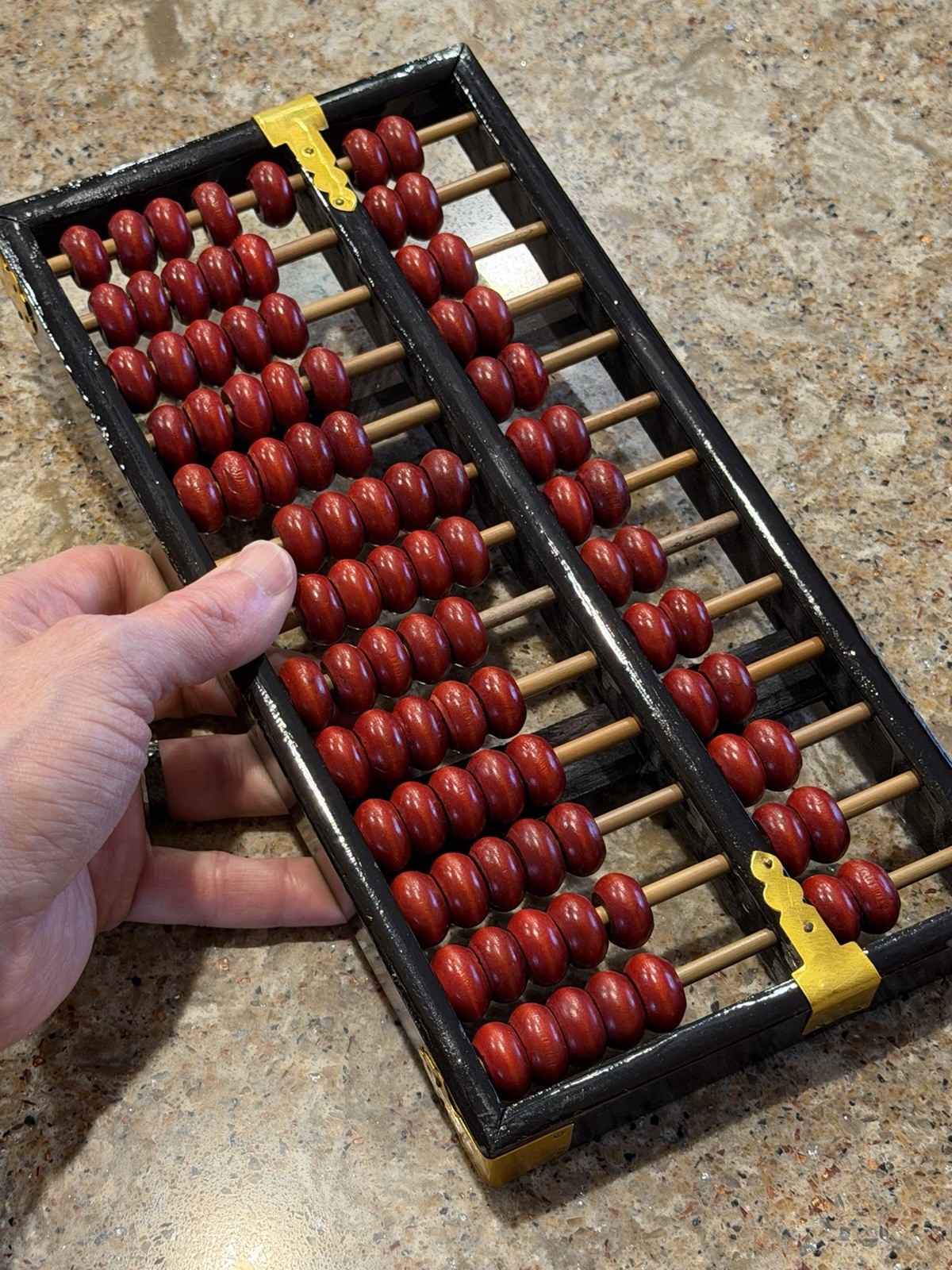 Rare Vintage Chinese Abacus Wood & Brass 13 Rows 91 Red Beads Lotus-Flower Brand