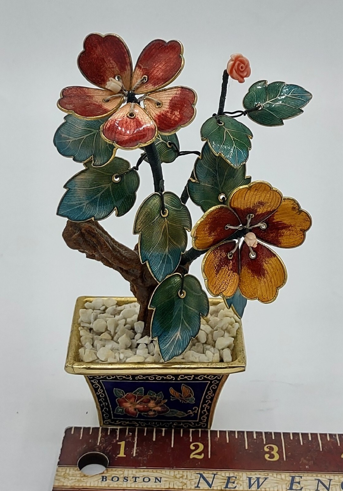 Vtg Oriental Guilloche Enamel Bonsai Tree Pink Coral Flowers Cloisonne Pot