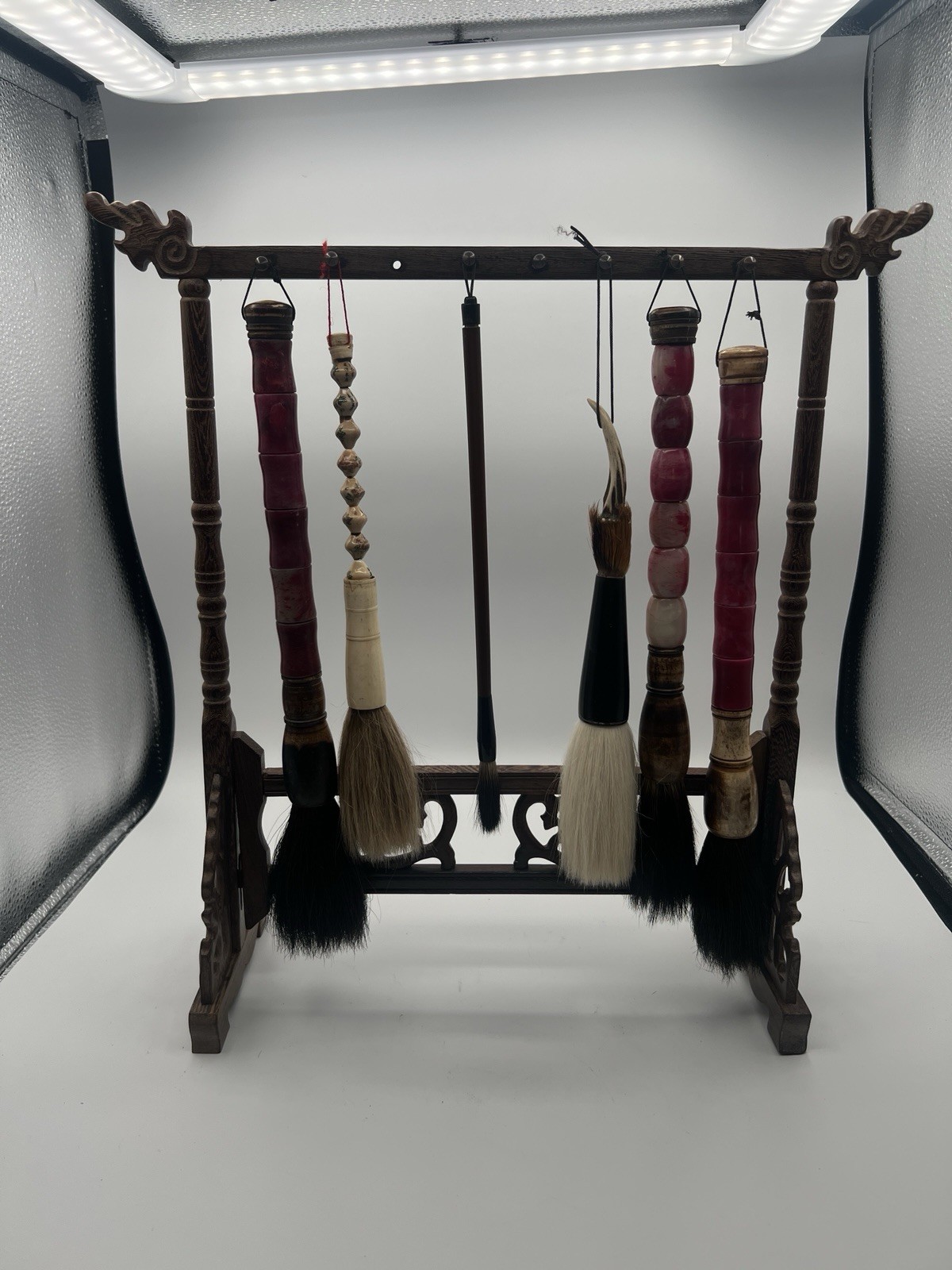 Antique CHINESE Calligraphy Hanging Brush Rosewood Display Stand & Brush Set
