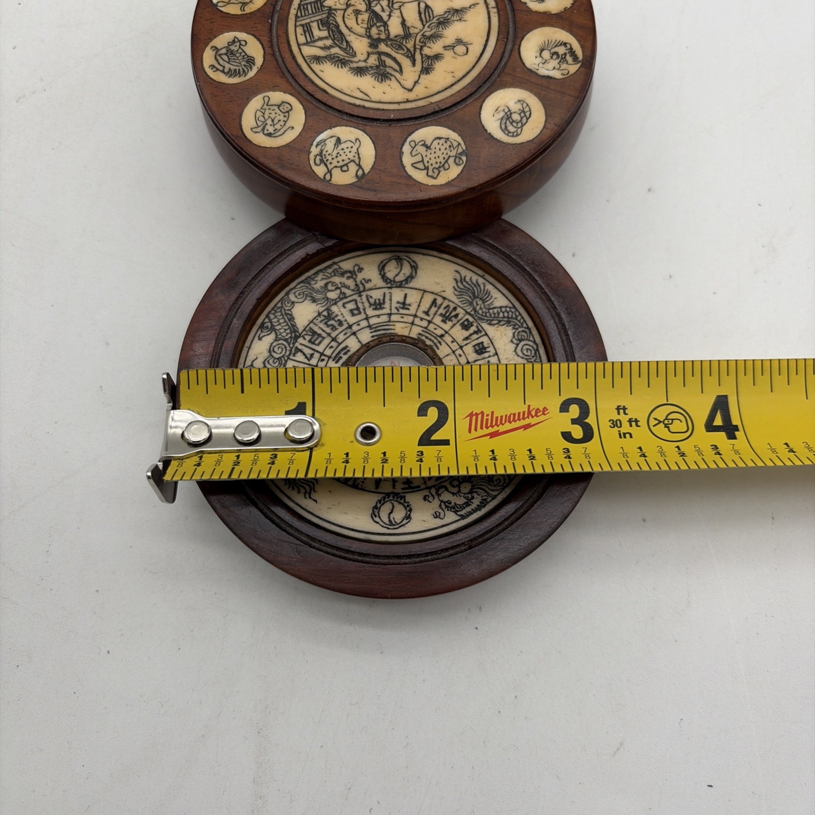 Dark Wooden Chinese Round Compass with Animal Zodiac Inlay Design