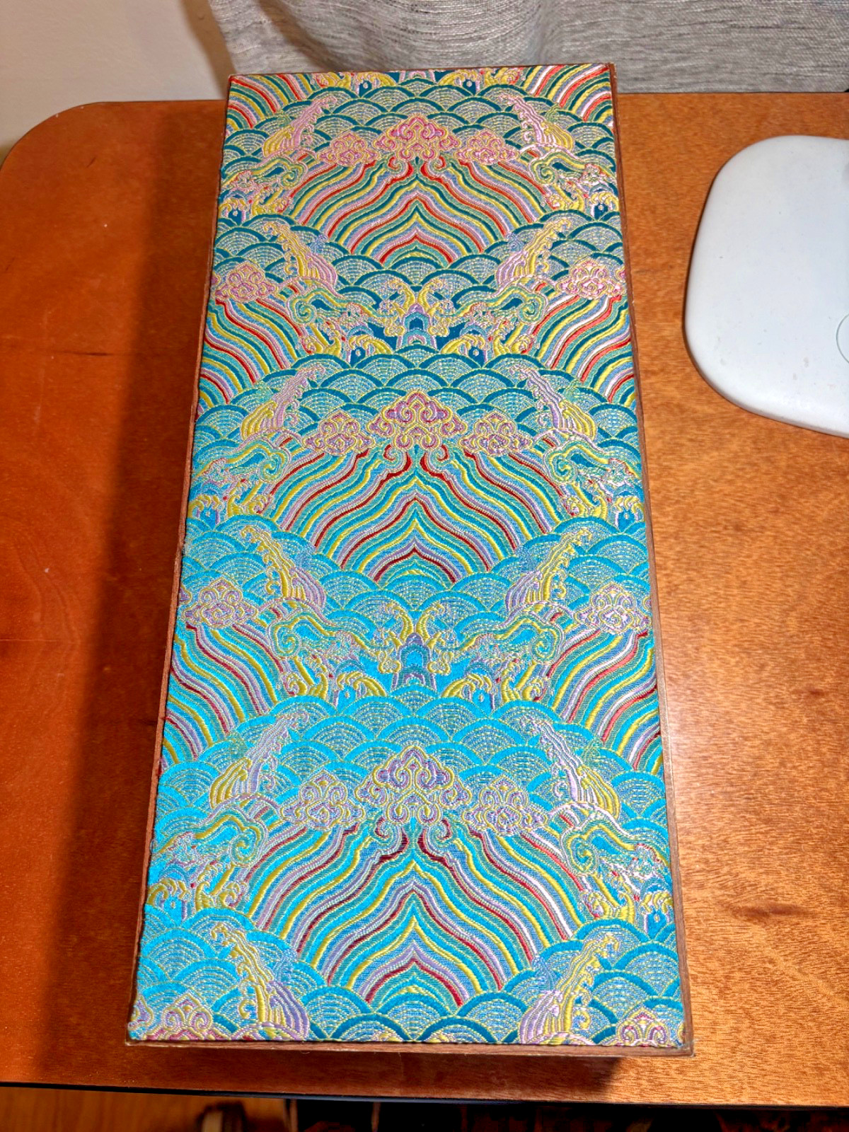 Chinese Silk Table Mat w/ Oxen Painting 27″ x 13″ In Quilted Box