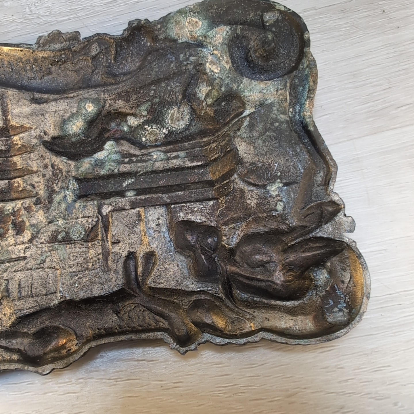Antique Chinese Dragon Repousse Metal Tray Plaque Wall Art Jewelry Box Lid 7″x4″