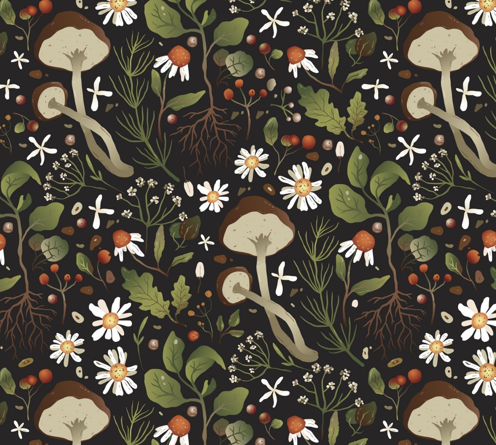 By The Yard, Woodland Mushrooms Black ~ $3.99 Ships ANY Amount Of Cotton Fabric