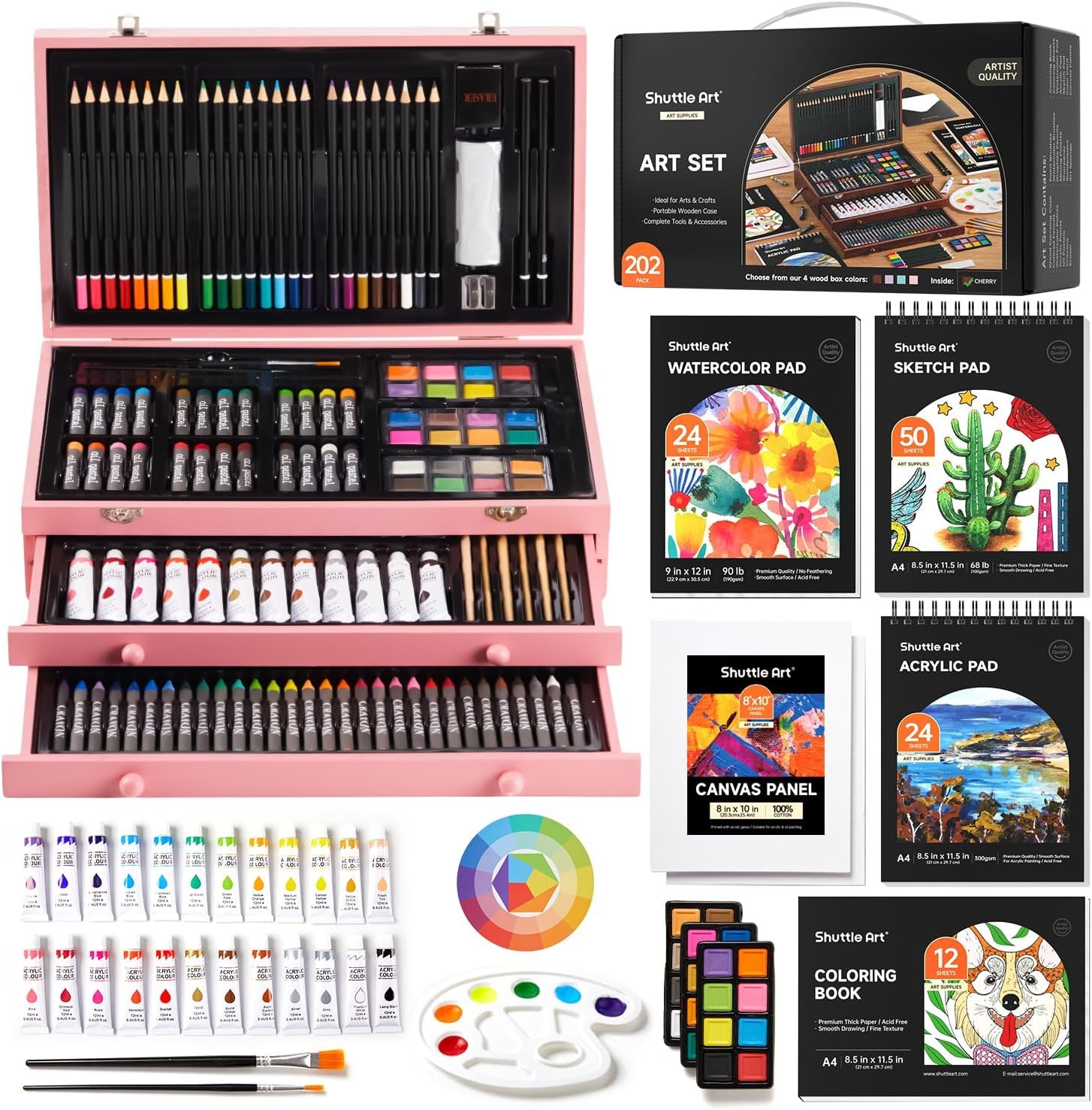 202 PCS Deluxe Art Kit with Wooden Case, Paints & Drawing Supplies