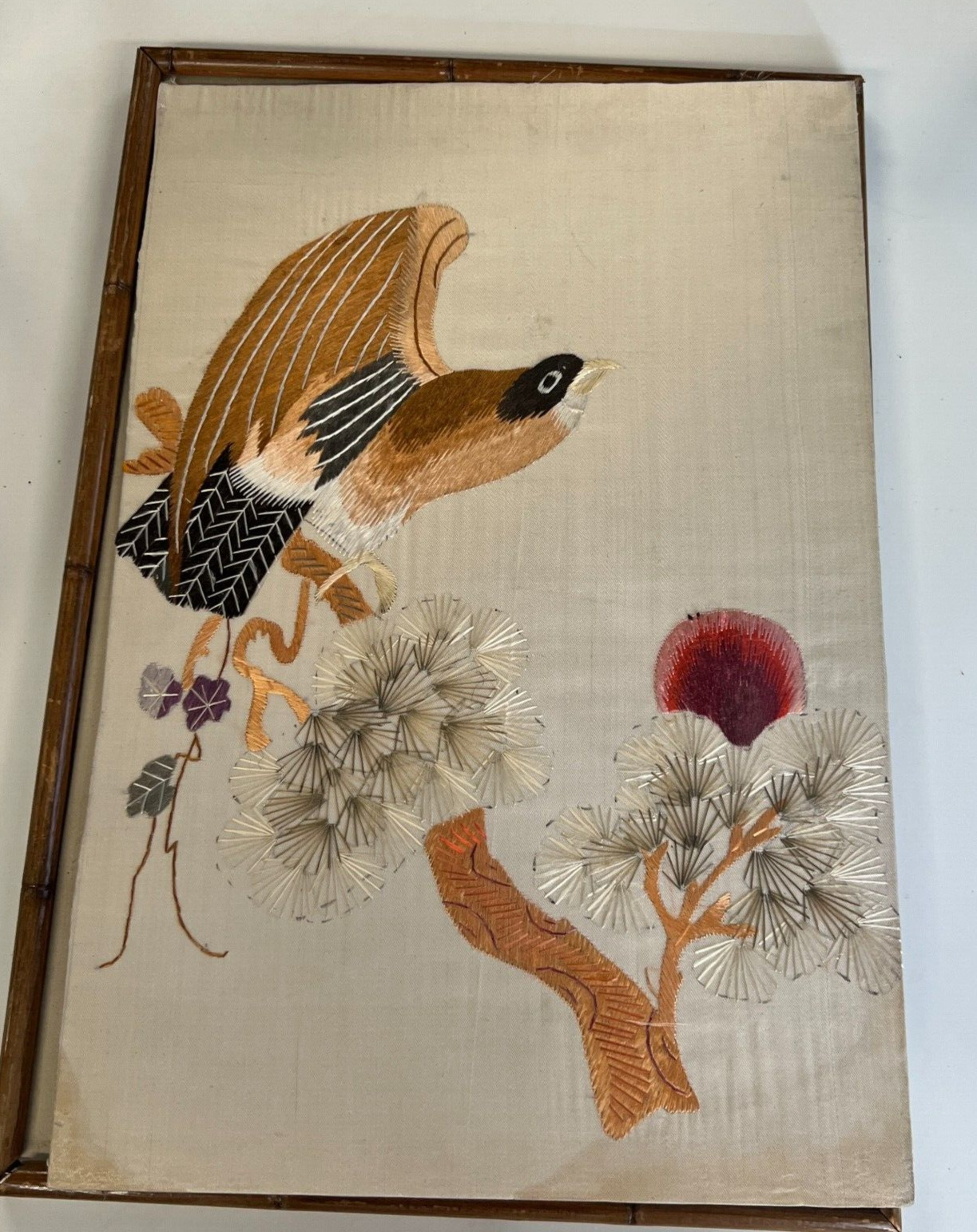 2 Vintage Chinese Silk Embroidered Cranes Art damaged
