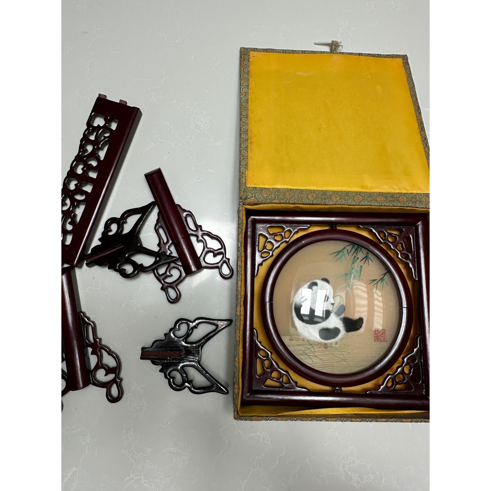 Vintage Chinese Double Sided Silk Embroidery Panda Rotating Table Screen Boxed