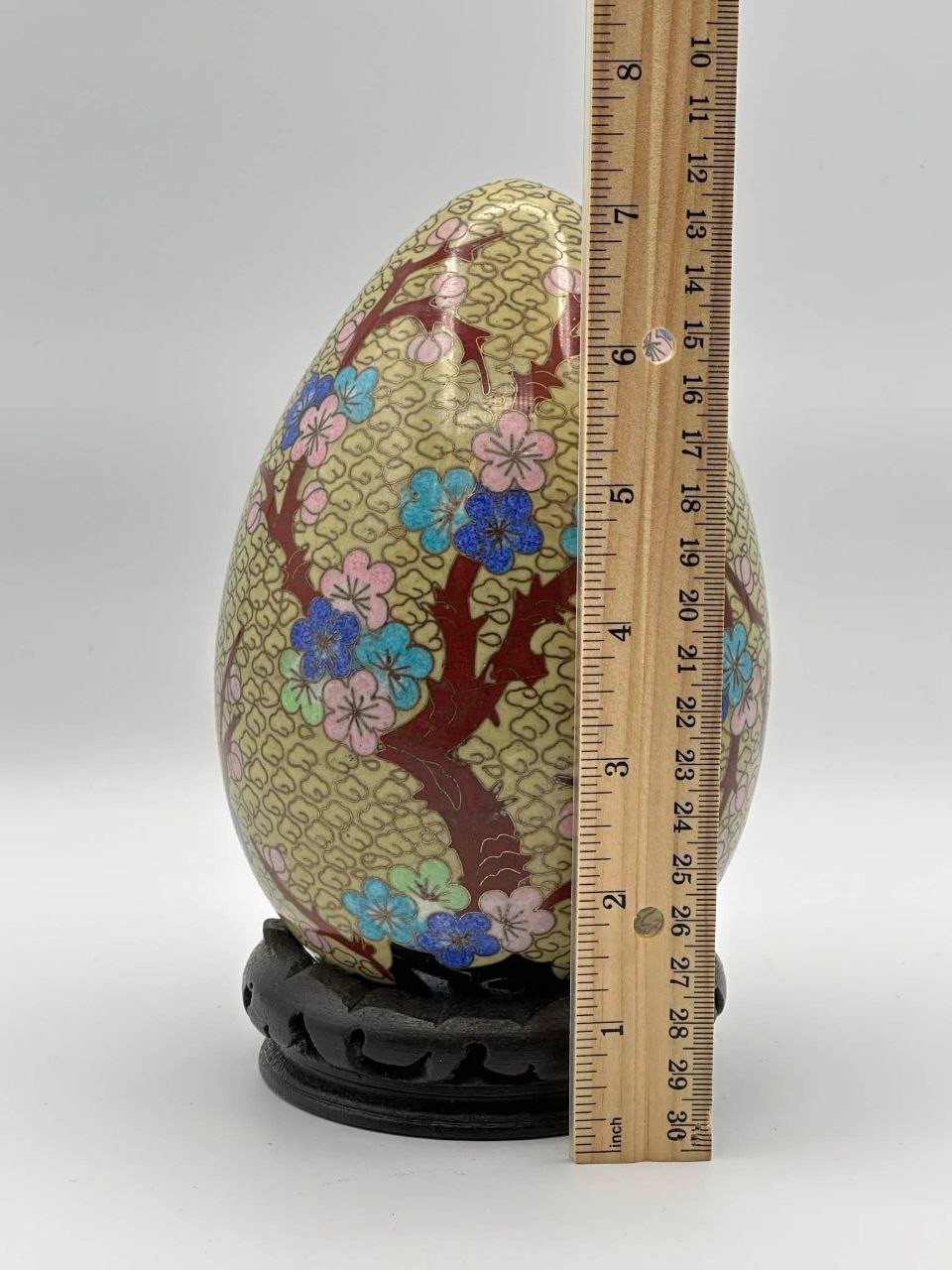Vintage Chinese Cloisonné Enamel Egg w/ Wood Stand Floral & Bird 7.25″