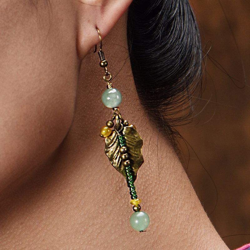 China Dongling Jade/Agate/Alloy Plume Tassels Tibetan Style Earbob Earrings