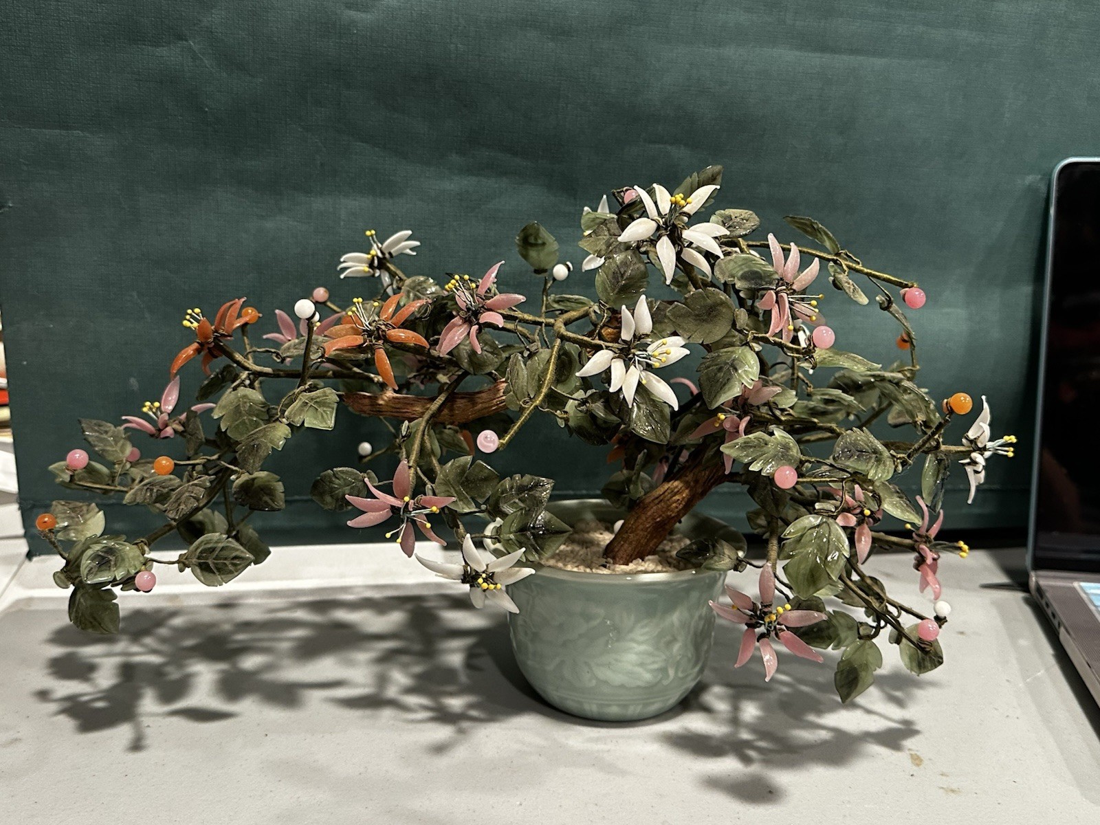 Vintage Chinese Hand Carved Jade Stone Flower Blossom Bonsai Tree Porcelain Pot