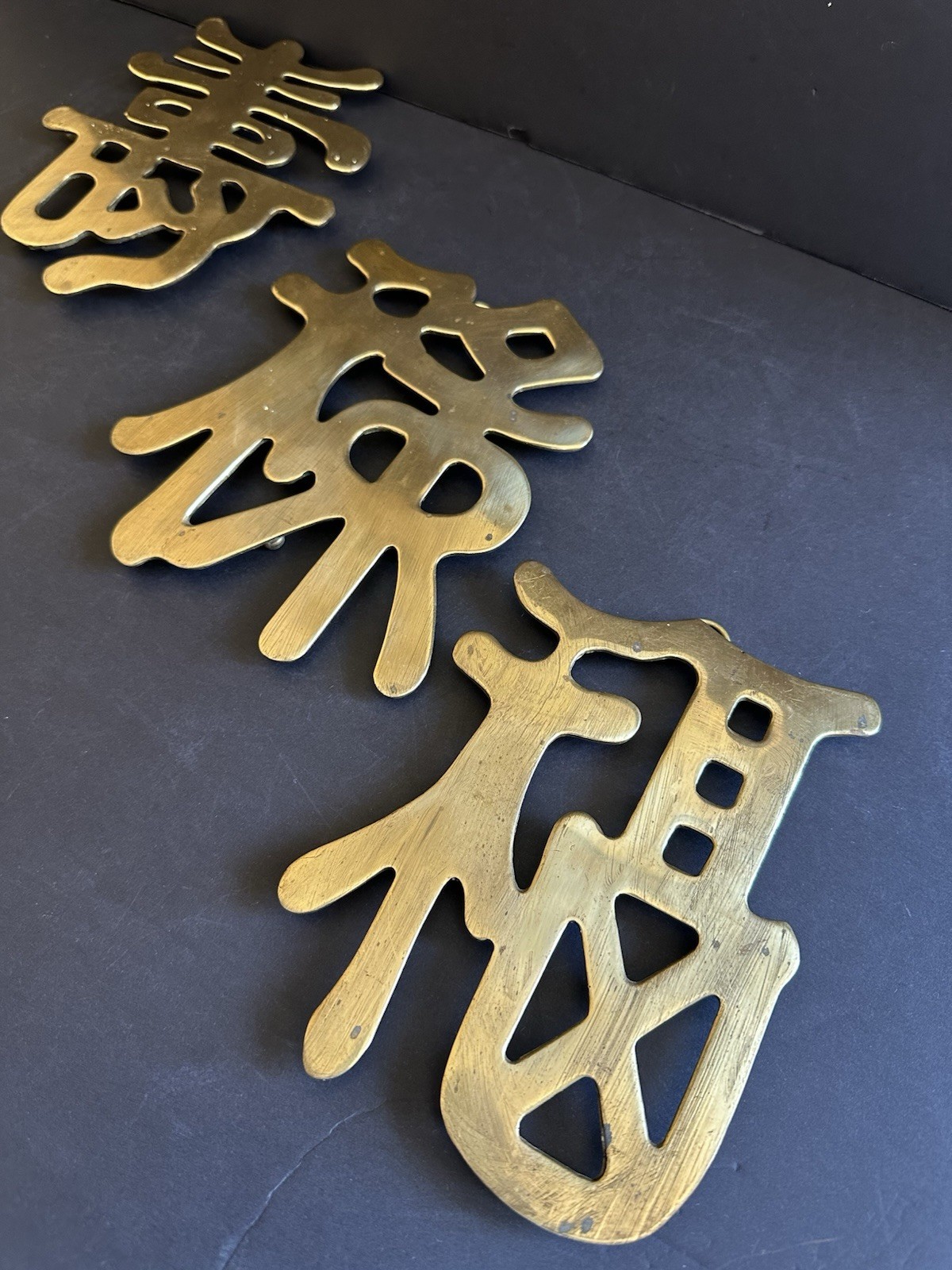 3 Chinese Symbols Solid Brass Wall Decor Trivets Happiness Good Luck Long Life