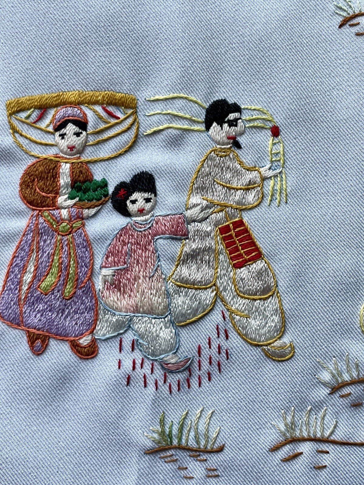 Asian Silk Hand Embroidered Cloth Village People Unframed Finished Needlepointed