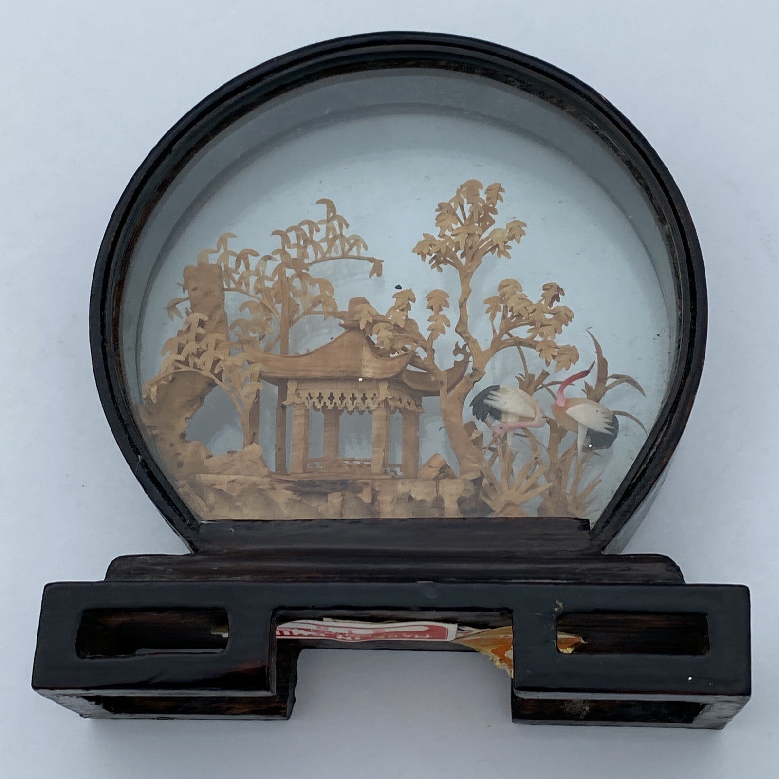 Asian Chinese “San You” Carved Cork Art Diorama Temple Cranes Trees Wood Glass