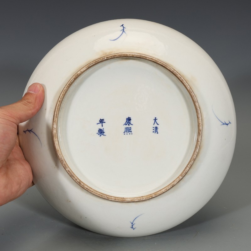 8.8″ China Qing Blue and White Porcelain Foo Fu Dog Lion Play Ball Grain Plate