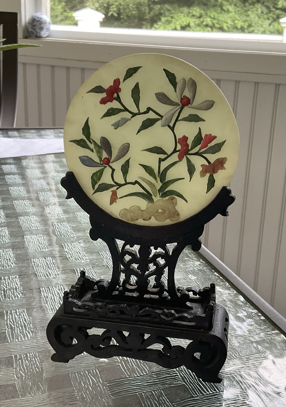 Vintage Possibly Antique Chinese Jade Coral Miniature 7.50” Plaque on Wood Stand