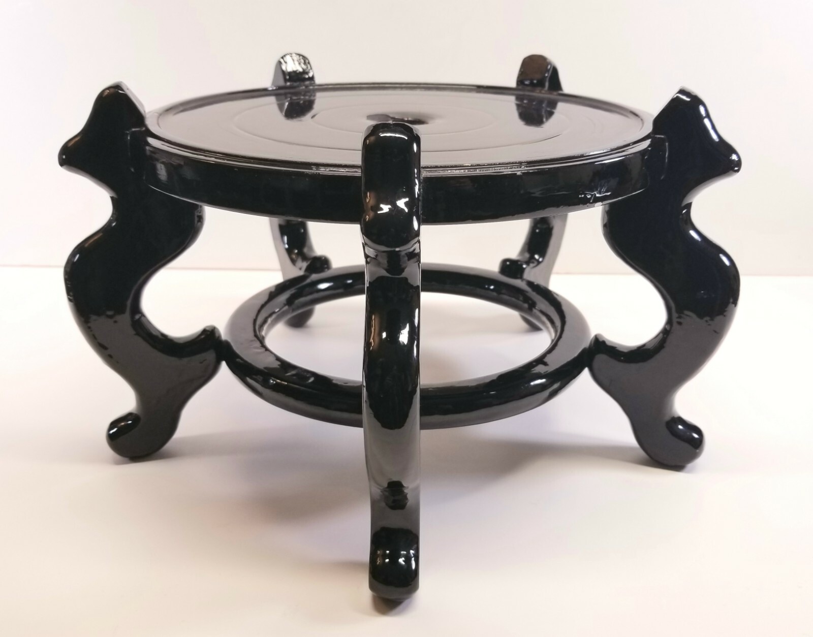 Vintage Large Chinese Black Lacquer Wood Stand 9.5″ Diam For Urn Plant Fish Bowl