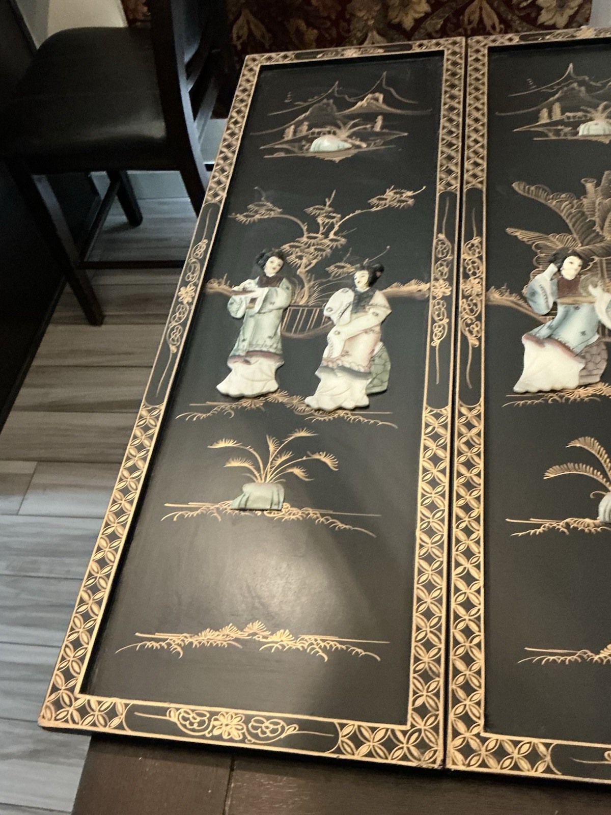 Lot Of 4 Chinese Wood Panel Wall Hanging, 12” By 36”, Used In Great Condition.