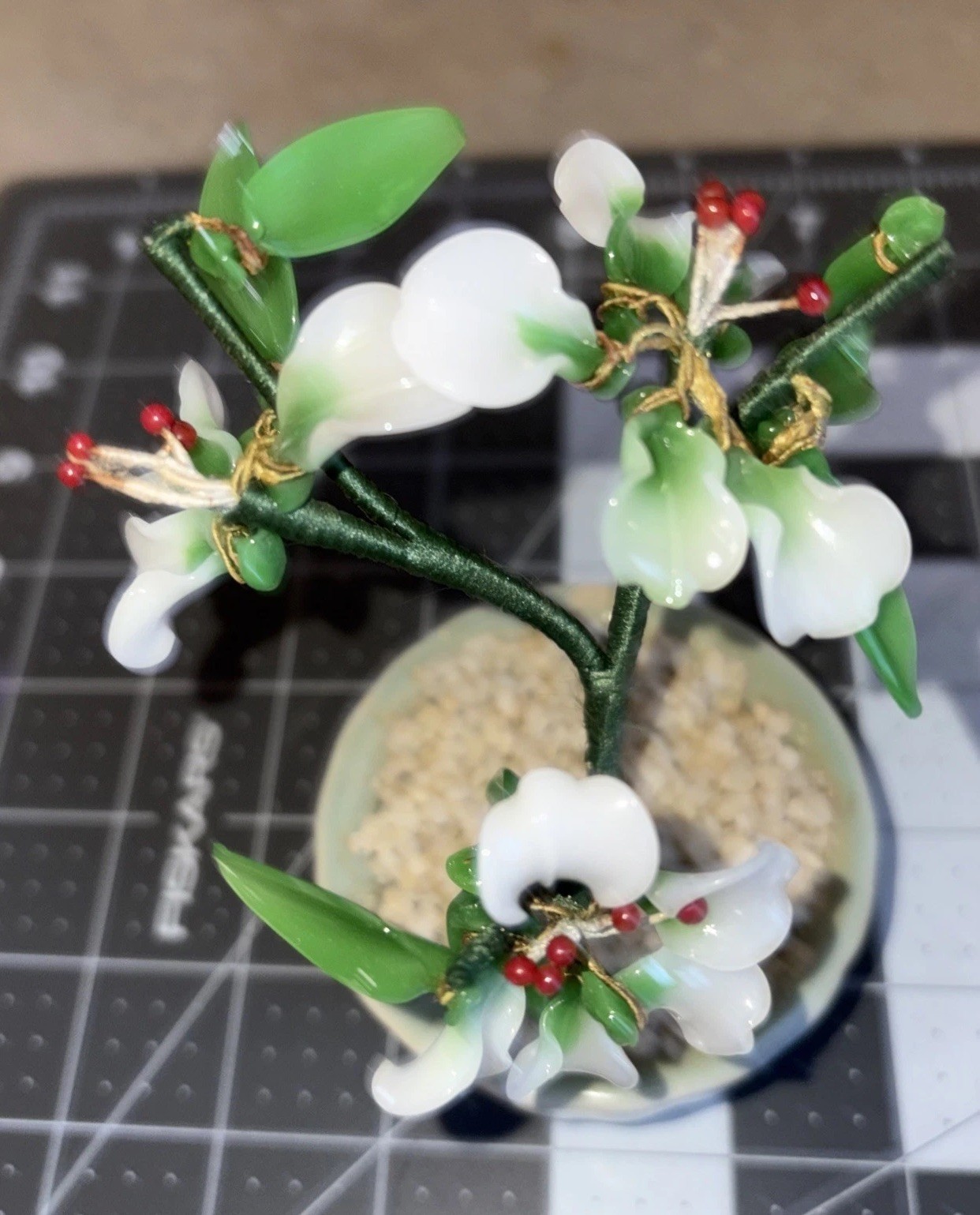 Vintage Mini Jade Glass Flower Bonsai Tree Celadon Green Pot 5”
