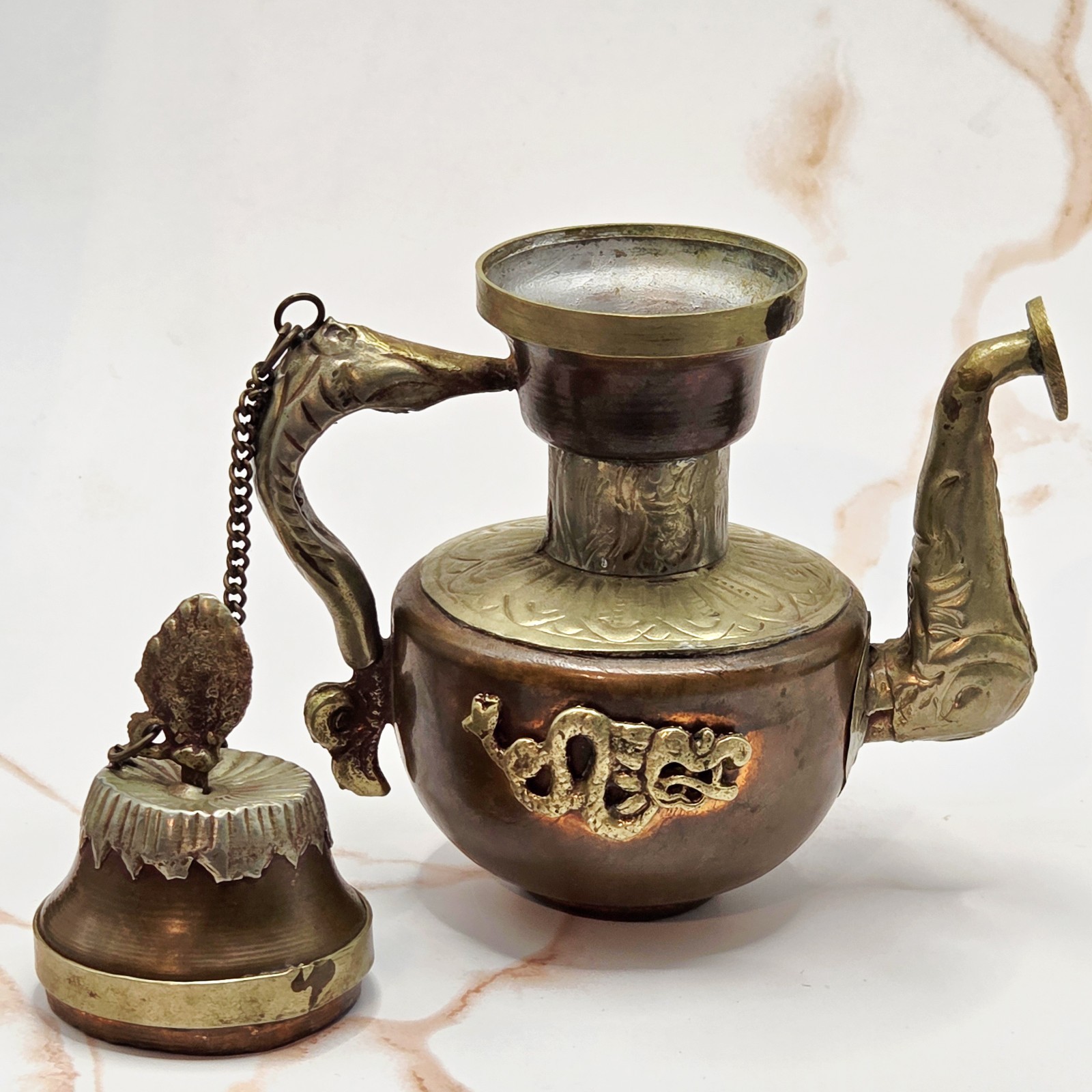 ANTIQUE / VINTAGE COPPER AND BRASS TIBETAN TEAPOT WITH DRAGON