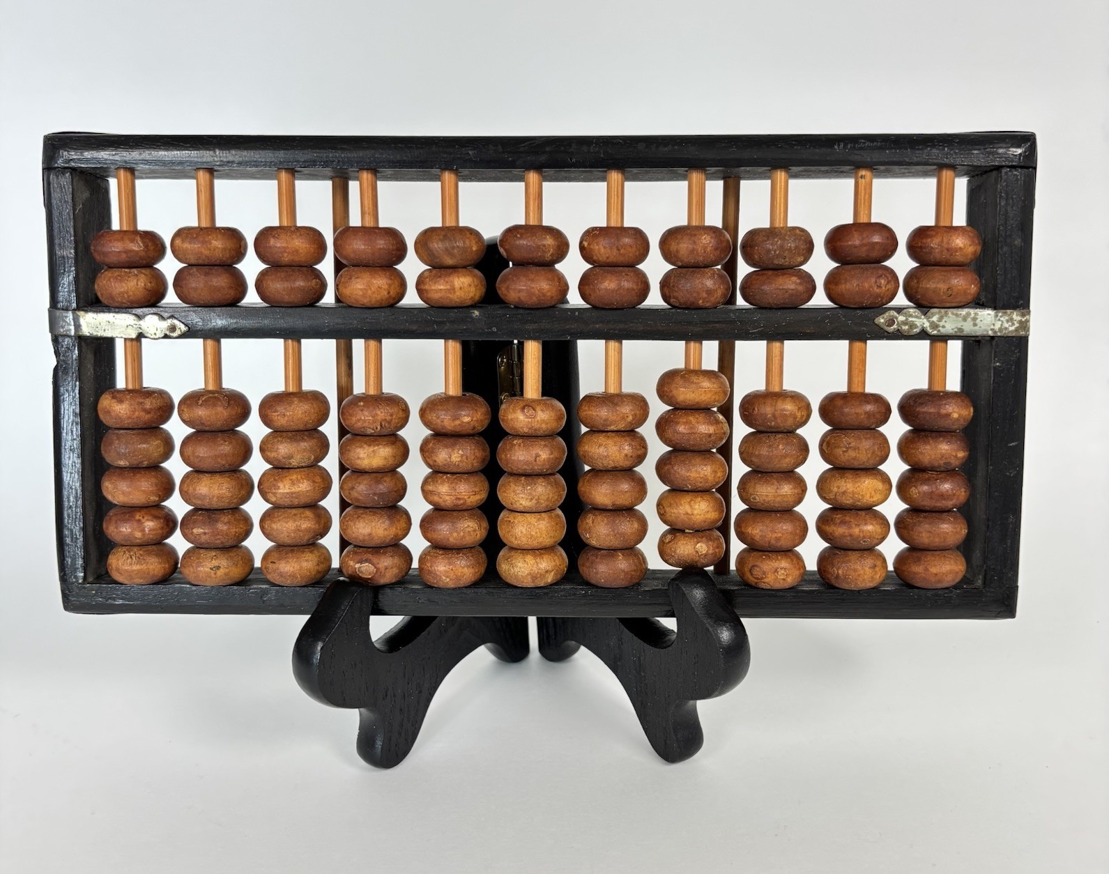 Vintage Wood Abacus 11 Rods 77 Wooden Beads Brass Corners Asian Calculator