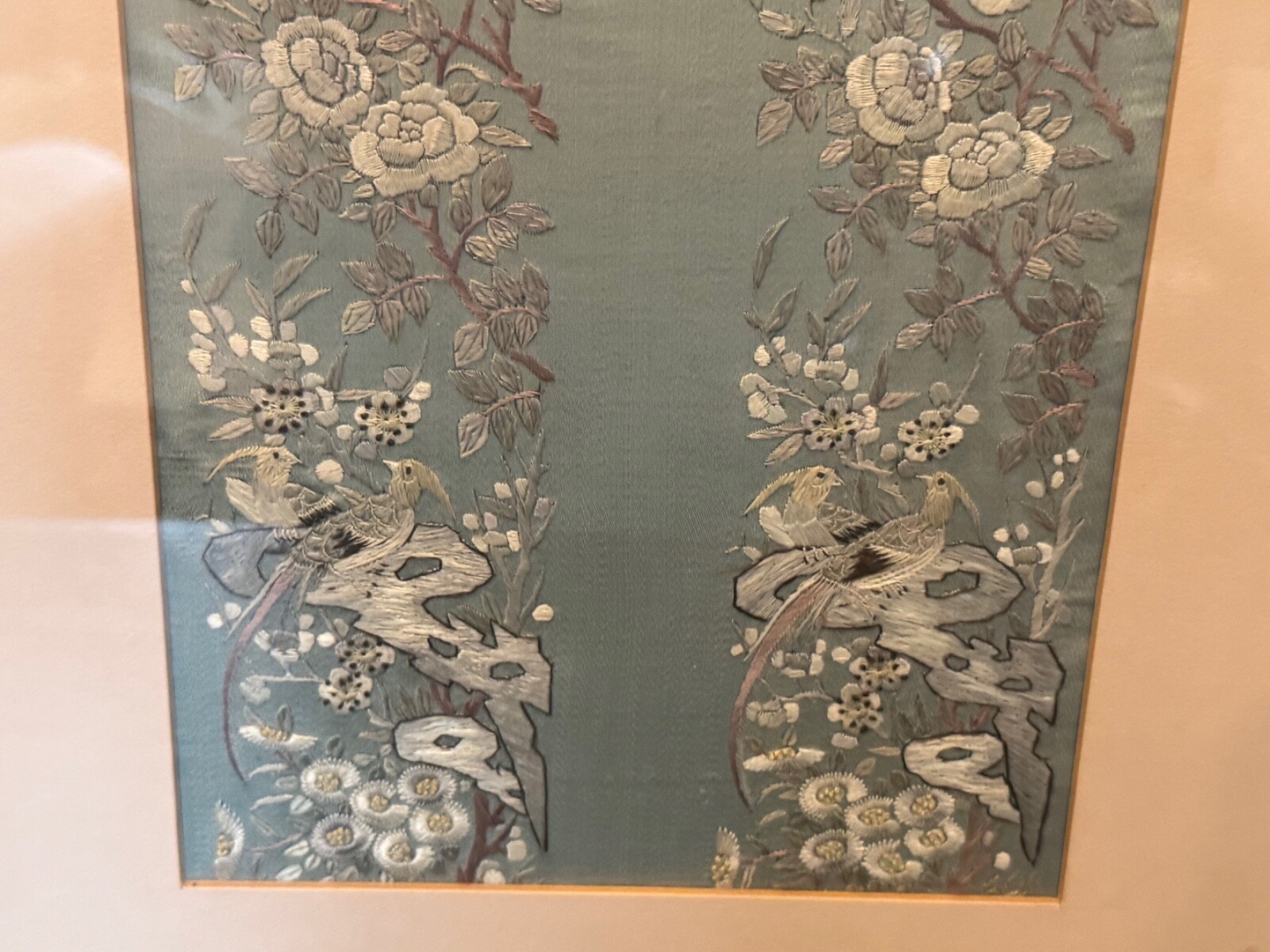 Vtg Antique Chinese Framed Silk Embroidered Textile Birds & Flowers Decoration
