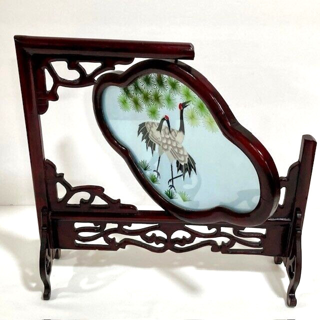 Chinese Oriental Asian 2 Sided Embroidered Cranes Screen Wooden Stand Holder