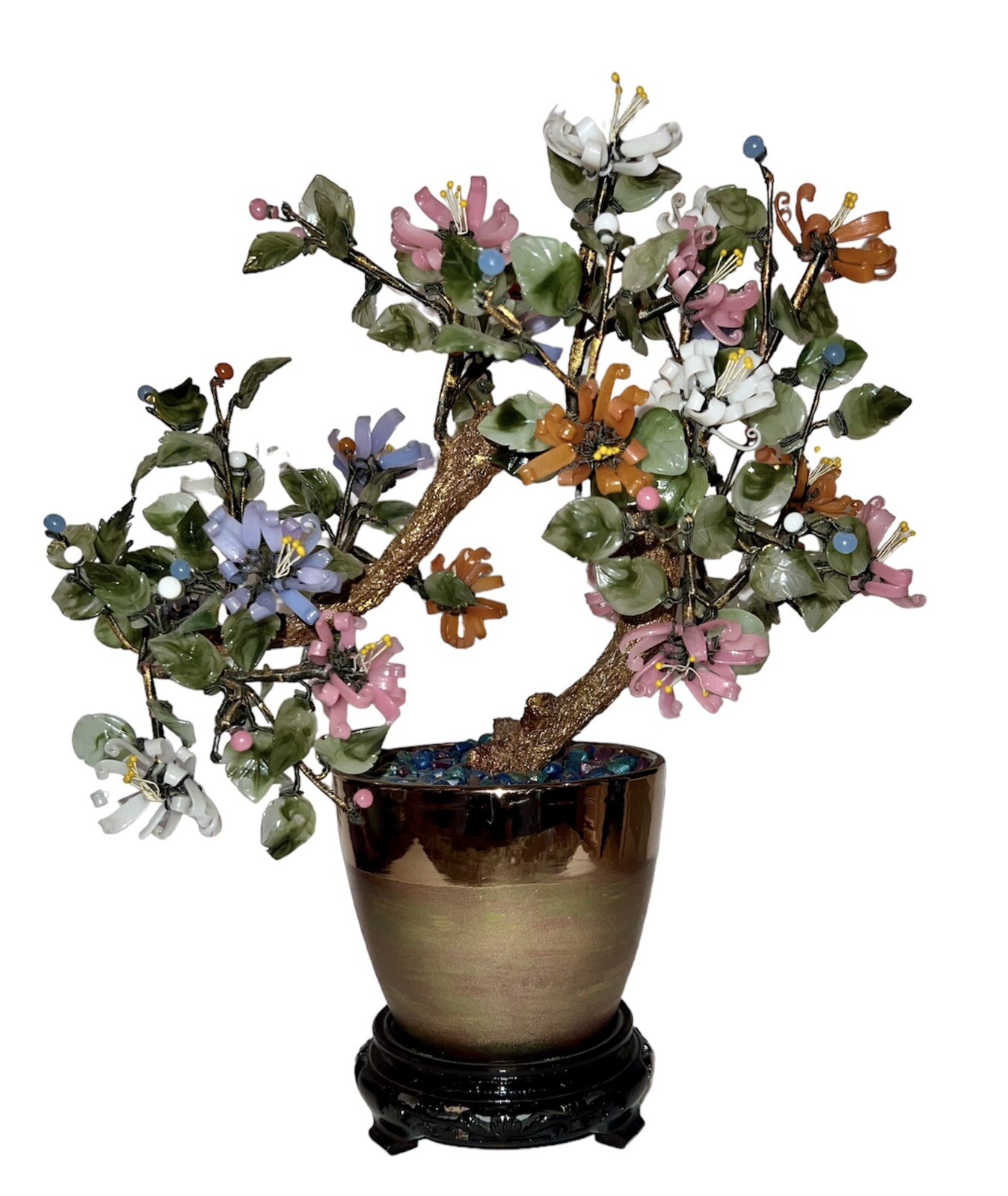 Vintage 14″ Chinese Jade and Stone Bonsai Tree in Gold Pot and Wood Carved Base