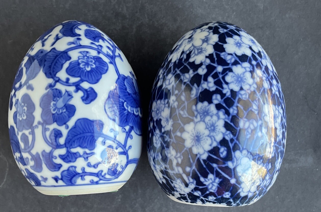 Vintage Asian Blue & White Two Large Eggs 4.25” Collectable Home Decor