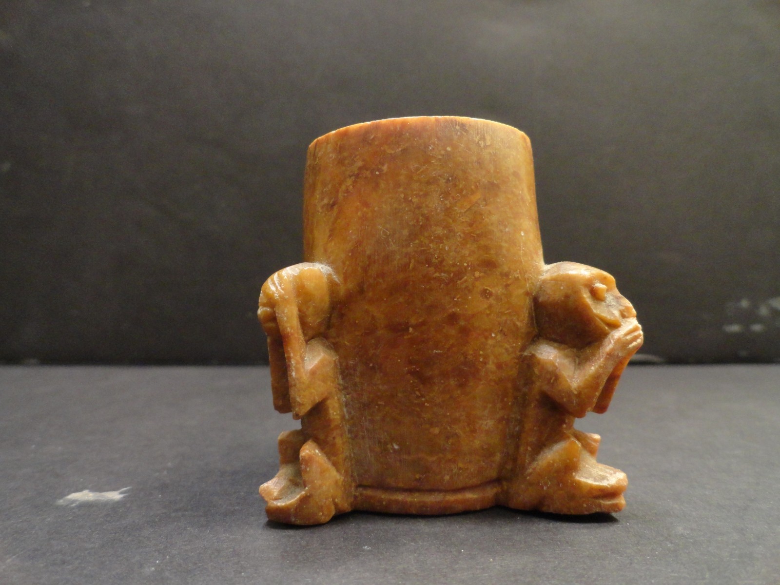 Antique Soapstone Carved Toothpick Holder Cup 3 Monkey See, Hear ,Speak no Evil