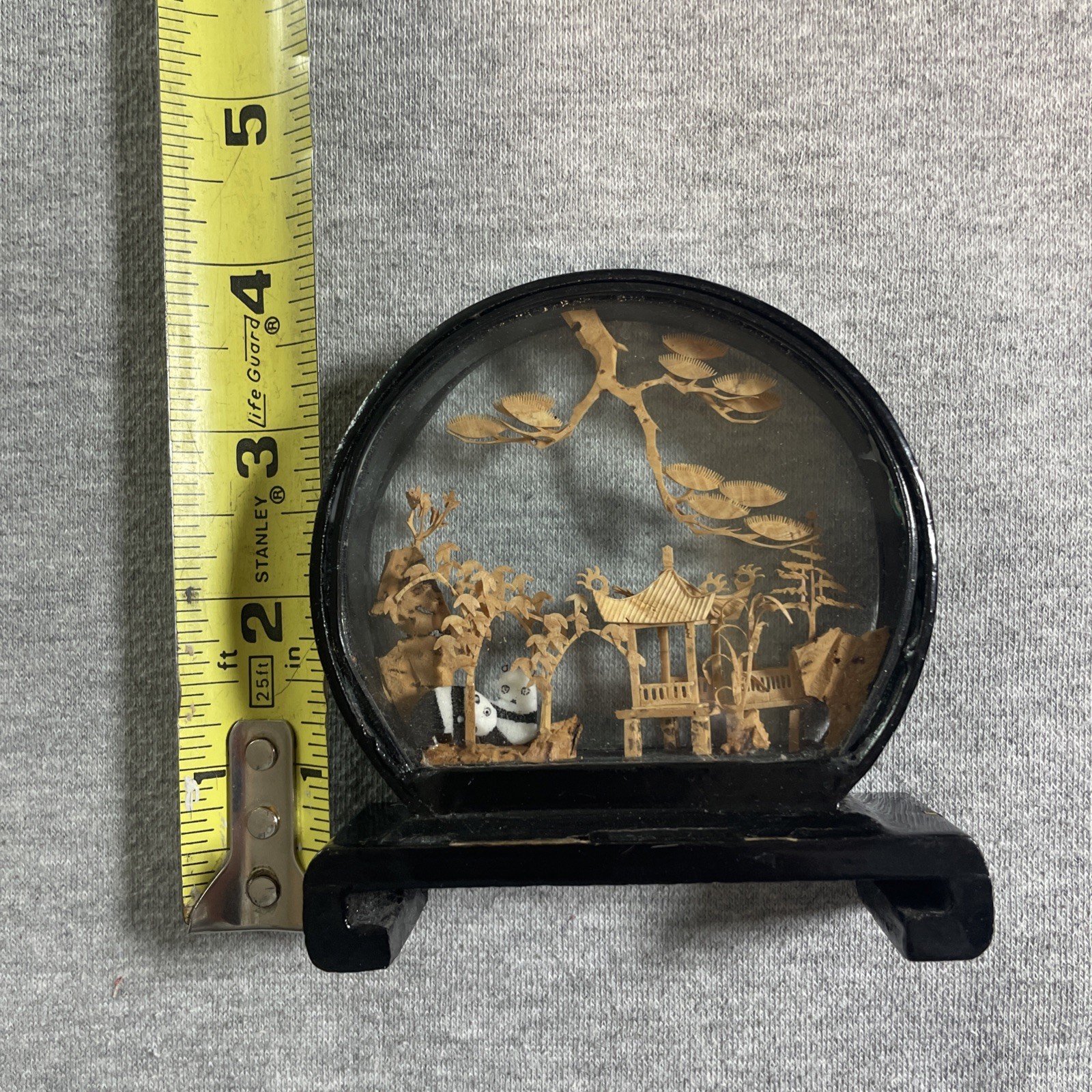 Vtg. Carved Cork Chinese Art Diorama with Pandas Pagoda and Trees Black Lacquer