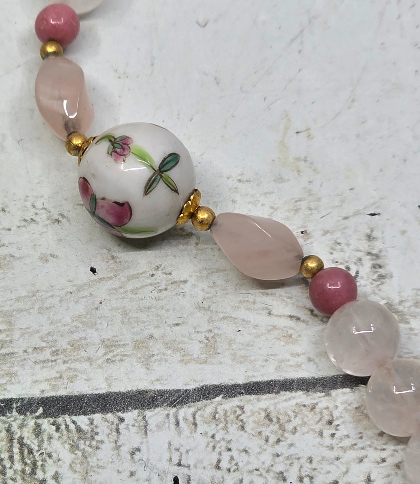 Vintage Chinese Hand-Painted Porcelain Beaded Necklace -Wise Man Shou Xing