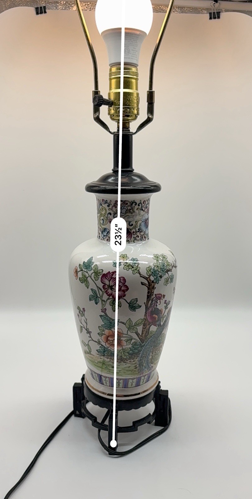 Vintage Chinese Porcelain Vase Lamp With Asian Birds Feathers Floral