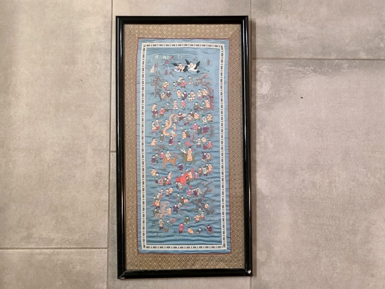 VTG Chinese Silk Tapestry 100 Children At Play Embroidery Framed Art 14” x 27”